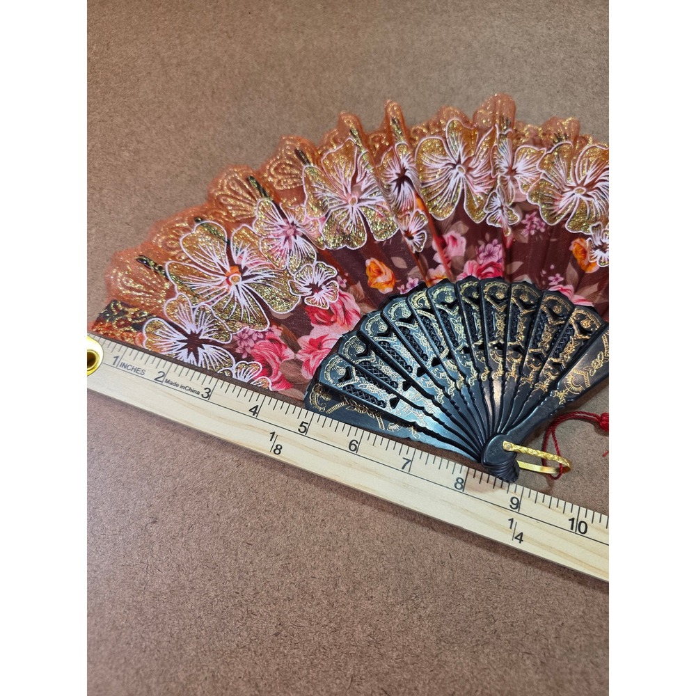 Vintage Style Floral Folding Hand Fan Black Gold Glitter Lace Tassel 9 Inch - Picture 4 of 8